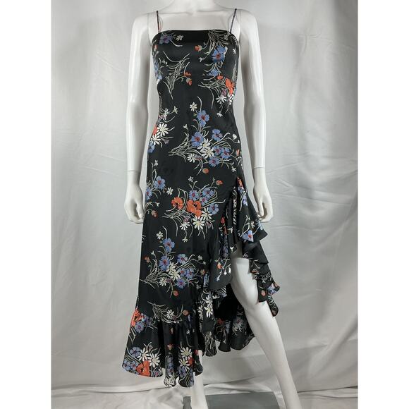 Cinq A Sept 'Penny' Black Polyester Satin Floral Ruffled Maxi Dress Size 0 - Picture 2 of 4